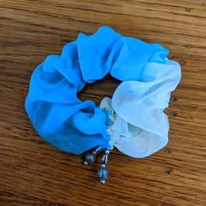 HAND SEWN Ombre Blue Scrunchie with beads